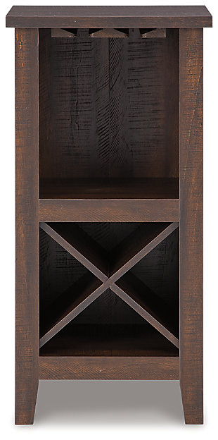 Use the Turnley accent cabinet with wine storage to beautifully display some of your favorite vintages. With a compact construction that won't take up floor space, this small space solution cabinet is the perfect fit whether your style is modern farmhouse or urban eclectic.Decorative laminate over engineered wood | Replicated wood grain | 1 fixed shelf | Wine rack | Wine glass holder | Assembly required | Estimated Assembly Time: 30 Minutes