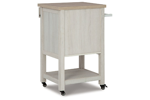Roll out rustic flair with this ultra-cool bar cart. Whether serving as a mobile cocktail station for entertaining or serving up style in the dining room, this easy-going cart with durable melamine top and locking casters offers so much durability and versatility. Complete with 1 door concealing additional storage, 1 drawer, towel bar and fixed shelf, the Boderidge cart simply says welcome home.Engineered wood and durable melamine top | Antiqued white replicated wood grain finish | Locking casters | 1 door and storage drawer | Fixed shelf | Towel bar | Assembly required | Estimated Assembly Time: 45 Minutes