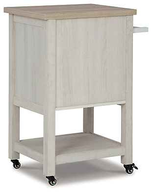 Roll out rustic flair with this ultra-cool bar cart. Whether serving as a mobile cocktail station for entertaining or serving up style in the dining room, this easy-going cart with durable melamine top and locking casters offers so much durability and versatility. Complete with 1 door concealing additional storage, 1 drawer, towel bar and fixed shelf, the Boderidge cart simply says welcome home.Engineered wood and durable melamine top | Antiqued white replicated wood grain finish | Locking casters | 1 door and storage drawer | Fixed shelf | Towel bar | Assembly required | Estimated Assembly Time: 45 Minutes