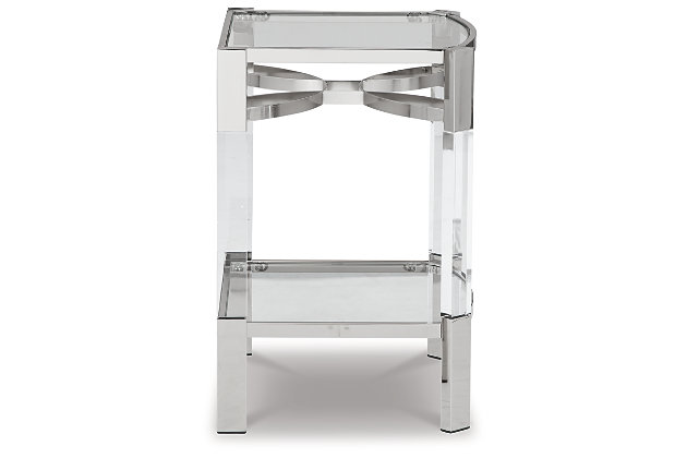 If you love the idea of total transparency, the Chaseton accent table is surely a sight for sore eyes. Crafted of clear acrylic, the glass top and open glass shelf is beautifully on trend. Sleek chrome plated metal legs with clear acrylic accents add a touch of elegance to your mid-mod vibe.Clear acrylic, metal and glass | Lower open shelf | Chrome plated metal and clear acrylic legs | Assembly required | Estimated Assembly Time: 30 Minutes