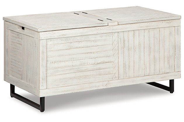 This dual hinged Coltport storage trunk marries function and casual style like never before. The distressed white finish complements any room, while the striped front and sides create a dynamic texture that is sure to impress.Made of veneer, solid and engineered wood in distressed white finish | Striped front and sides | Metal leg in black | Dual hinged top with storage | Assembly required | Estimated Assembly Time: 60 Minutes
