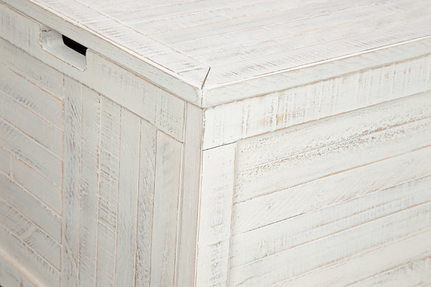 This dual hinged Coltport storage trunk marries function and casual style like never before. The distressed white finish complements any room, while the striped front and sides create a dynamic texture that is sure to impress.Made of veneer, solid and engineered wood in distressed white finish | Striped front and sides | Metal leg in black | Dual hinged top with storage | Assembly required | Estimated Assembly Time: 60 Minutes