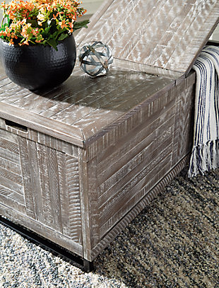 This dual hinged Coltport storage trunk marries function and casual style like never before. The distressed gray finish complements any room, while the striped front and sides create a dynamic texture that is sure to impress.Made of veneer, solid and engineered wood in distressed gray finish | Striped front and sides | Metal leg in black | Dual hinged top with storage | Assembly required | Estimated Assembly Time: 30 Minutes