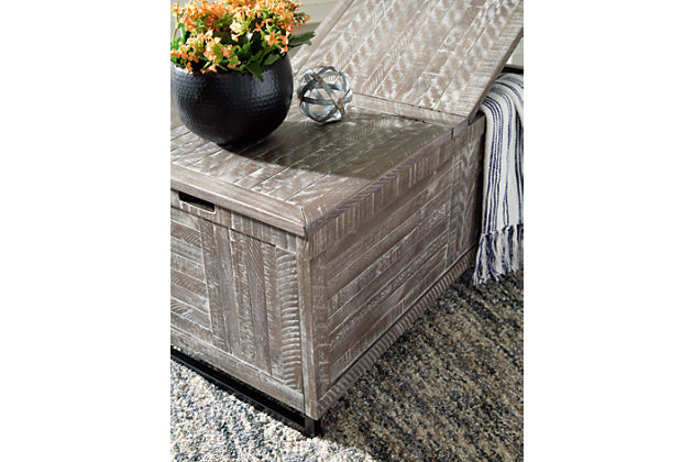 This dual hinged Coltport storage trunk marries function and casual style like never before. The distressed gray finish complements any room, while the striped front and sides create a dynamic texture that is sure to impress.Made of veneer, solid and engineered wood in distressed gray finish | Striped front and sides | Metal leg in black | Dual hinged top with storage | Assembly required | Estimated Assembly Time: 30 Minutes