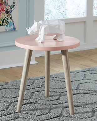 The Fullersen table is a small side table with a light pink circular top and three light tan wooden legs. It's ideal as a bedside table or lamp table in your living areas, bringing casual elegance to your home.Wood, veneer and engineered wood | Pink and light tan finishes | Assembly required | Estimated Assembly Time: 15 Minutes