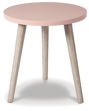 The Fullersen table is a small side table with a light pink circular top and three light tan wooden legs. It's ideal as a bedside table or lamp table in your living areas, bringing casual elegance to your home.Wood, veneer and engineered wood | Pink and light tan finishes | Assembly required | Estimated Assembly Time: 15 Minutes