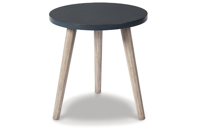 The Fullersen table is a small side table with a blue circular top and three light tan wooden legs. It's ideal as a bedside table or lamp table in your living areas, bringing casual elegance to your home.Wood, veneer and engineered wood | Blue and light tan finishes | Assembly required | Estimated Assembly Time: 15 Minutes