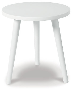 The Fullersen table is a small side table with a white circular top and three white wooden legs. It's ideal as a bedside table or lamp table in your living areas, bringing casual elegance to your home.Wood, veneer and engineered wood | White finish | Assembly required | Estimated Assembly Time: 15 Minutes