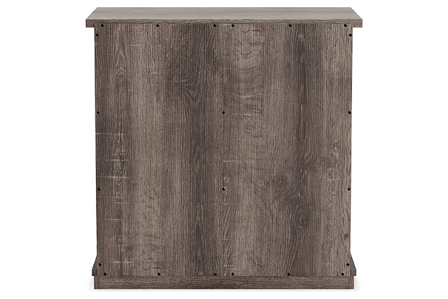The Arlenbury accent cabinet is a tasteful blend of contemporary style with traditional charm. Constructed of engineered wood in an antiqued gray wood grain effect laminate, this cabinet sports a crossbuck pattern door front for a cozy farmhouse feel. Its contrasting black-finished hardware adds an industrial touch. A sliding door hides adjustable shelving at your leisure, allowing you to display and store various decorative items or dinnerware as you please.Made of engineered wood | Antiqued gray wood grain effect laminate | Black hardware | Crossbuck pattern door front | 1 sliding door | 4 adjustable shelves | Assembly required | Estimated Assembly Time: 45 Minutes