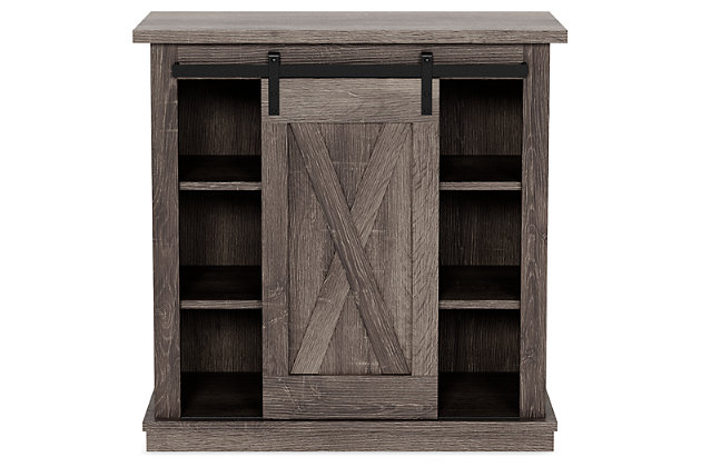 The Arlenbury accent cabinet is a tasteful blend of contemporary style with traditional charm. Constructed of engineered wood in an antiqued gray wood grain effect laminate, this cabinet sports a crossbuck pattern door front for a cozy farmhouse feel. Its contrasting black-finished hardware adds an industrial touch. A sliding door hides adjustable shelving at your leisure, allowing you to display and store various decorative items or dinnerware as you please.Made of engineered wood | Antiqued gray wood grain effect laminate | Black hardware | Crossbuck pattern door front | 1 sliding door | 4 adjustable shelves | Assembly required | Estimated Assembly Time: 45 Minutes