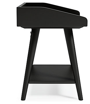 Display decor with simple style on the Blariden accent table. Constructed of wood and engineered wood in a dark metallic gray finish, this table blends easily with your existing living room aesthetic or stands in as a kid's bedside table. A gallery rail top, undermount shelf and dual USB chargers keep your life (and your look) simply sensational. Made of wood and engineered wood | Dark metallic gray finish | Gallery rail top | Fixed shelf | 2 USB charging ports; power cord included | Assembly required | Estimated Assembly Time: 30 Minutes