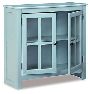 Function and style merge perfectly with this Nalinwood accent cabinet. Constructed of wood in a teal finish, the accent cabinet adds a pop of color. Two doors and an adjustable shelf make for multiple storage solutions. Pewter finished metal door pulls add a finishing touch and a lattice door front with clear inset glass allows you to show off what you store.Made of solid and engineered wood in teal finish | Lattice door front with inset clear glass | Metal door pull in black | 2 doors and 1 adjustable shelf | Assembly required | Estimated Assembly Time: 15 Minutes