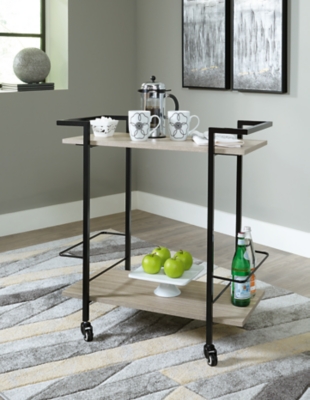 Waylowe Bar Cart with 2 Bottle Holders and Casters, Brown/Black