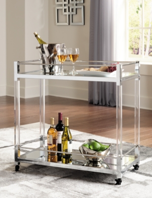 Chaseton Bar Cart with Casters, Clear/Silver Finish