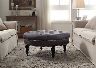 Isabelle Round Tufted Ottoman, Charcoal, rollover