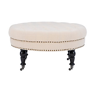 Round tufted ottoman on metal casters brings high style and versatility to your living space. Perfect as a footrest or coffee table, it wows with a tufted top and feel-good natural linen fabric. Burnished bronze-tone nailheads accent the side, while turned dark espresso legs complete the richly traditional look.Made of birch wood | Foam cushioned seat covered in natural linen upholstery | Tufted top | Burnished bronze-tone nailhead trim | Dark espresso finished legs | Metal casters | Assembly required