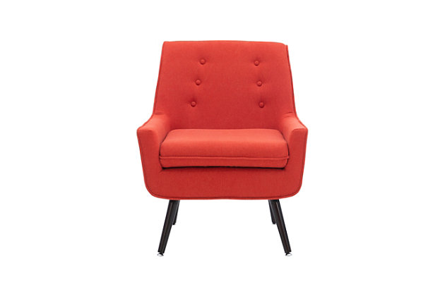 Can’t decide between modern and mid century? Enjoy the best of both trends with this fashion-forward retro chair in pimento orange. Sporting architectural angles, canted legs and button tufting, it’s seating taken to an art form.Made of wood and engineered wood | Foam cushioned seats | Pimento orange polyester fabric | Button tufting | Legs in dark espresso finish | Some assembly required