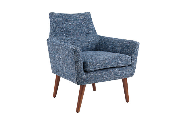 Can’t decide between modern and mid century? Enjoy the best of both trends with this fashion-forward retro chair in blue. Sporting architectural angles, canted legs and button tufting, it’s seating taken to an art form.Made of wood and engineered wood | Foam cushioned seats | Blue polyester fabric | Button tufting | Legs in dark espresso finish | Some assembly required