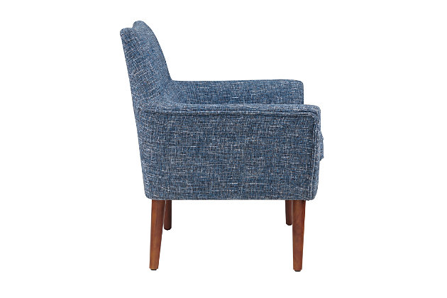 Can’t decide between modern and mid century? Enjoy the best of both trends with this fashion-forward retro chair in blue. Sporting architectural angles, canted legs and button tufting, it’s seating taken to an art form.Made of wood and engineered wood | Foam cushioned seats | Blue polyester fabric | Button tufting | Legs in dark espresso finish | Some assembly required