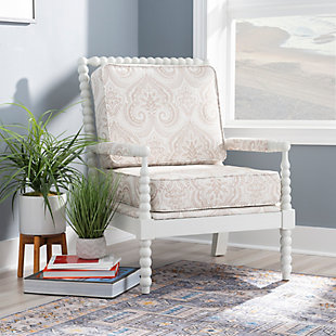 Inject a splash of West Indies-inspired design with this artisan accent chair. Classic spindle styling is beautifully paired with beige upholstery in a lively paisley design. With plush seat and back cushions, this rubberwood chair is every bit as comfortable as it is complementary.Made of wood | Cream finish | Polyester upholstery | Foam filled seat and back cushions | Assembly required