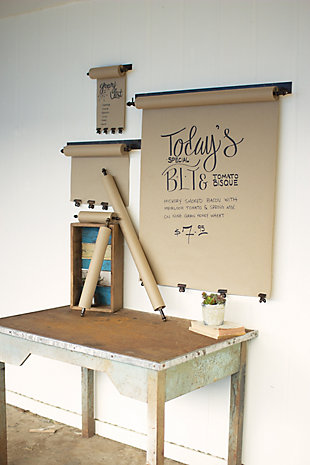 Roll out a farmhouse fresh look with this hanging note roll with brass-tone clips. Whether writing a grocery or to-do list, displaying dinner menus, or giving kids a place to play endless games of tic-tac-toe, you’ll love its rustic look and handy functionality.Made of metal | Includes 4 clips and 1 paper roll | Antiqued brass-tone finish | Mounting hardware not included