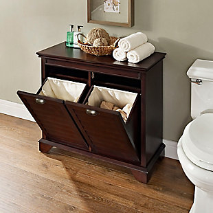 Not quite ready for the inconvenience and expense of a complete bathroom remodel? This line of stylish storage solutions will help you create the bathroom of your dreams.  the high-end design of this laundry hamper keeps your linens and its true purpose cleverly under wraps. Drop-front design gives access to dual-sided, removable bags making sorting and carrying a breeze. At home in the tightest or most spacious bath, its compact size allows you to live large in small places.Made of wood, veneers and engineered wood | Steel-tone metal accents | Louvered doors | Dual compartments for easy separating | Removable cloth bags | Assembly required