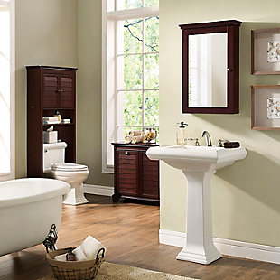 Not quite ready for the inconvenience and expense of a complete bathroom remodel? This line of stylish storage solutions will help you create the bathroom of your dreams.  the high-end design of this wall medicine cabinet keeps your bathroom essentials and its true purpose cleverly under wraps. The mirrored cabinet door opens to reveal roomy storage space and three adjustable shelves. Its dual-purpose role as a mirror and cabinet allows you to live large in small spaces.Made of wood, veneers and engineered wood | Steel-tone metal accents | Mirrored door | Spacious storage space behind door with 4 shelves | Ready to mount on wall | Assembly required