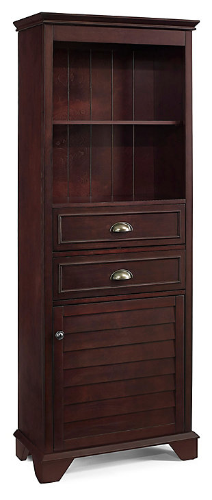 Not quite ready for the inconvenience and expense of a complete bathroom remodel? This line of stylish storage solutions will help you create the bathroom of your dreams. The high-end design of this tall cabinet keeps your bathroom essentials neatly stored away and still close at hand. Open upper shelving is ideal for display, while roomy drawers contain smaller items and lower cabinet hides the rest. At home in the tightest or most spacious bath, its compact footprint allows you to live large in small places.Made of wood, veneers and engineered wood | Steel-tone metal accents | 2 storage drawers | 2 upper shelves; 2 lower shelves behind a louvered door | Assembly required