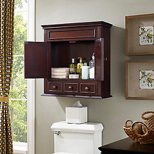 Not quite ready for the inconvenience and expense of a complete bathroom remodel? This line of stylish storage solutions will help you create the bathroom of your dreams. The high-end design of this wall cabinet keeps your bathroom essentials cleverly tucked away. The louvered cabinet doors open to reveal roomy storage space, while an expansive drawer is perfect for smaller items. At home in the tightest or most spacious bath, its compact size allows you to live large in small places.Made of wood, veneers and engineered wood | Steel-tone metal accents | 2 louvered cabinet doors | 1 spacious storage drawer | Ready to mount on wall | Assembly required
