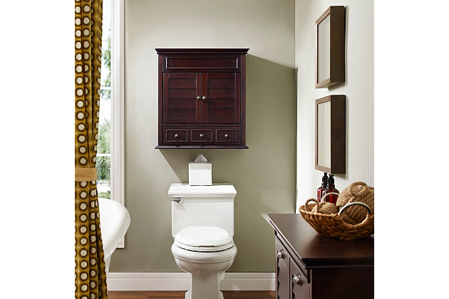 Not quite ready for the inconvenience and expense of a complete bathroom remodel? This line of stylish storage solutions will help you create the bathroom of your dreams. The high-end design of this wall cabinet keeps your bathroom essentials cleverly tucked away. The louvered cabinet doors open to reveal roomy storage space, while an expansive drawer is perfect for smaller items. At home in the tightest or most spacious bath, its compact size allows you to live large in small places.Made of wood, veneers and engineered wood | Steel-tone metal accents | 2 louvered cabinet doors | 1 spacious storage drawer | Ready to mount on wall | Assembly required