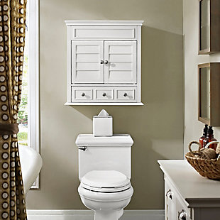 Not quite ready for the inconvenience and expense of a complete bathroom remodel? This line of stylish storage solutions will help you create the bathroom of your dreams. The high-end design of this wall cabinet keeps your bathroom essentials cleverly tucked away. The louvered cabinet doors open to reveal roomy storage space, while an expansive drawer is perfect for smaller items. At home in the tightest or most spacious bath, its compact size allows you to live large in small places.Made of wood, veneers and engineered wood | Steel-tone metal accents | 2 louvered cabinet doors | Spacious storage drawer | Ready to mount on wall | Assembly required