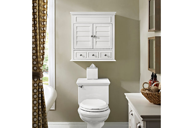 Not quite ready for the inconvenience and expense of a complete bathroom remodel? This line of stylish storage solutions will help you create the bathroom of your dreams. The high-end design of this wall cabinet keeps your bathroom essentials cleverly tucked away. The louvered cabinet doors open to reveal roomy storage space, while an expansive drawer is perfect for smaller items. At home in the tightest or most spacious bath, its compact size allows you to live large in small places.Made of wood, veneers and engineered wood | Steel-tone metal accents | 2 louvered cabinet doors | Spacious storage drawer | Ready to mount on wall | Assembly required