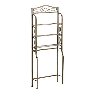 Utilize wasted space while bringing a sense of order to your bathroom with this striking over-the-toilet space-saver. Complete with a trio of shelves and topped with a diamond-shaped mirror for a touch of flair, this richly scrolled space-saver lends a transitional look sure to suit so many homes beautifully. Crafted of sturdy tubular steel with a matte pewter-tone, powdercoat finish.Made of steel | Mirrored accent | Matte pewter-tone, powdercoat finish | 3 shelves | Assembly required | Assembly time frame is 15 to 30 min.