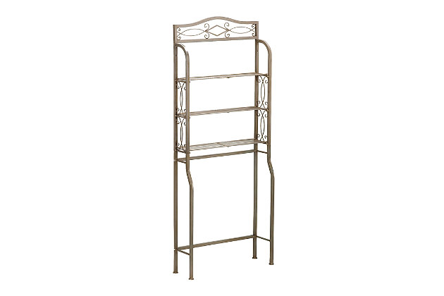 Utilize wasted space while bringing a sense of order to your bathroom with this striking over-the-toilet space-saver. Complete with a trio of shelves and topped with a diamond-shaped mirror for a touch of flair, this richly scrolled space-saver lends a transitional look sure to suit so many homes beautifully. Crafted of sturdy tubular steel with a matte pewter-tone, powdercoat finish.Made of steel | Mirrored accent | Matte pewter-tone, powdercoat finish | 3 shelves | Assembly required | Assembly time frame is 15 to 30 min.