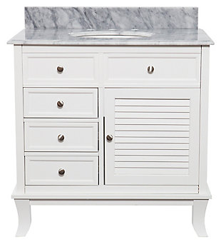 Can’t decide between classic and contemporary? Embrace the beauty of transitional style with this striking bathroom vanity set in brilliant white. Chic gray marble and ceramic center sink offer luxurious, lasting quality. Three smooth-gliding drawers make room for makeup and more. Louvered-front cabinet makes way for towels and toiletries.Made of wood and engineered wood | Natural marble countertop and backsplash | Ogee beveled countertop | Single-door cabinet with soft close door hinges | 3 smooth-gliding drawers | 2 faux drawers under sink | Silicon sealed undermount sink in vitreous china | Louvered cabinet details | Professional installation of plumbing equipment recommended | Hand-cut, authentic marble will vary in thickness and finish color | Pre-drilled for 8" wideset faucet | Assembly required | Assembly time frame is 60 min. or more