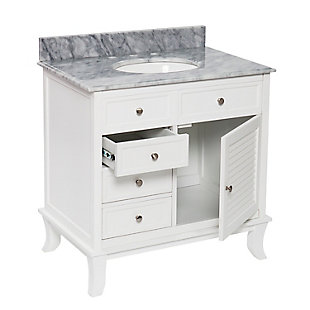 Can’t decide between classic and contemporary? Embrace the beauty of transitional style with this striking bathroom vanity set in brilliant white. Chic gray marble and ceramic center sink offer luxurious, lasting quality. Three smooth-gliding drawers make room for makeup and more. Louvered-front cabinet makes way for towels and toiletries.Made of wood and engineered wood | Natural marble countertop and backsplash | Ogee beveled countertop | Single-door cabinet with soft close door hinges | 3 smooth-gliding drawers | 2 faux drawers under sink | Silicon sealed undermount sink in vitreous china | Louvered cabinet details | Professional installation of plumbing equipment recommended | Hand-cut, authentic marble will vary in thickness and finish color | Pre-drilled for 8" wideset faucet | Assembly required | Assembly time frame is 60 min. or more