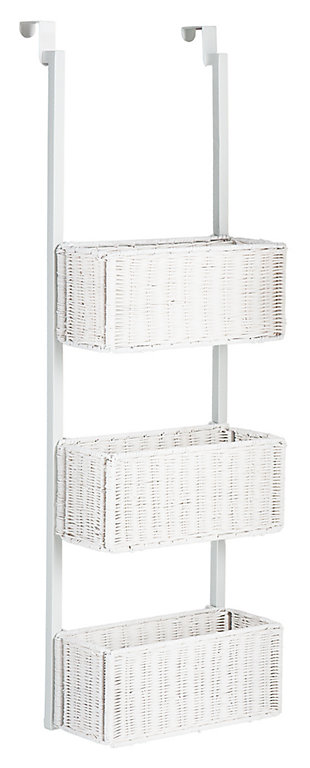 Why dig through the attic or closet for what you need, when you can make the most of wasted space with this over-the-door basket storage. With its trio of rattan woven baskets, this unit is the perfect way to organize everything from craft items and sewing accessories, to linens and cleaning supplies. It conveniently fits over most doors can be arranged to face room interiors or placed out of sight. Either way, what a handy home essential.Made of tubular metal and rattan | 3 storage baskets | Includes over-door hooks | Assembly time frame is 15 to 30 min.
