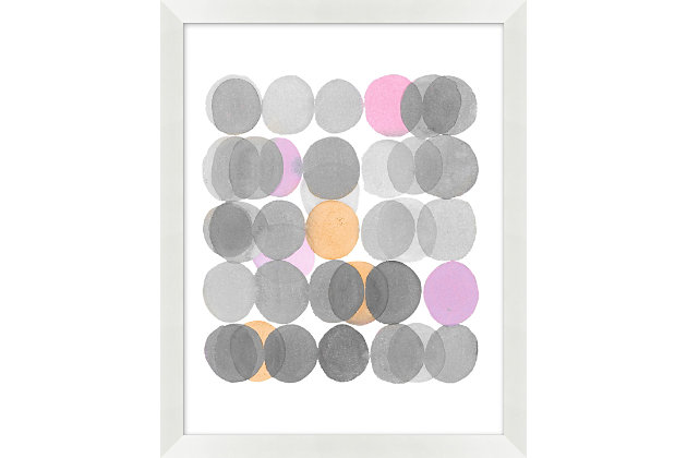 Watercolor matrix elevates freeform into an art form. A layered grid of circles in shades of pink and gray sets the stage for a soothing kind of style in this framed wall art.Matte giclee reproduction on paper | Glass face | Matte white wood frame | Wire for hanging