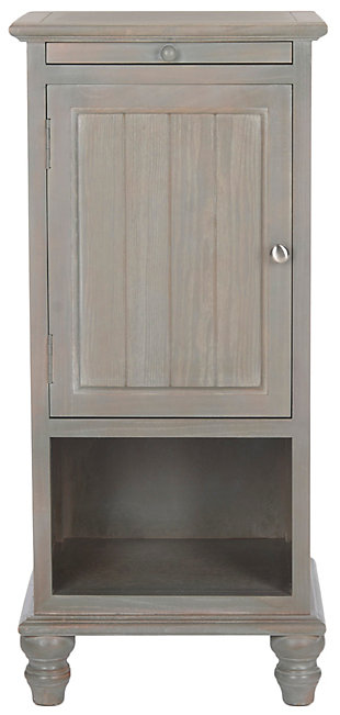 A quaint—and practical—accompaniment to country cottage and modern farmhouse interiors, this storage cabinet in French gray is loaded with possibilities, from the family room to the guest bath. Charming beadboard-style cabinet reveals ample stowaway space. Open cubby makes whatnots so accessible, while pullout tray extends your surface space for everything from makeup to snacks and remote controls.Made of wood | French gray finish | Cabinet storage with shelf | Open cubby | Pull-out tray | No assembly required