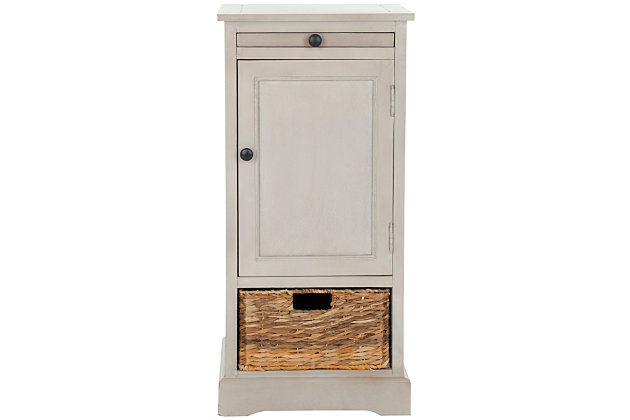 A quaint—and practical—accompaniment to country cottage and modern farmhouse interiors, this storage cabinet in vintage gray is loaded with possibilities, from the family room to the guest bath. Roomy cabinet with shelving reveals ample stowaway space. Open cubby with rattan basket makes whatnots so accessible, while pullout tray extends your surface space for everything from makeup to snacks and remote controls.Made of wood | Vintage gray finish | Cabinet storage with shelf | Open cubby | Pull-out tray | Woven rattan storage basket | No assembly required
