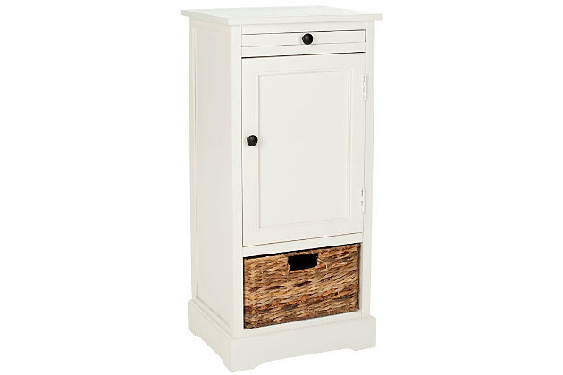 A quaint—and practical—accompaniment to country cottage and modern farmhouse interiors, this storage cabinet in distressed cream is loaded with possibilities, from the family room to the guest bath. Roomy cabinet with shelving reveals ample stowaway space. Open cubby with rattan basket makes whatnots so accessible, while pullout tray extends your surface space for everything from makeup to snacks and remote controls.Made of wood | Distressed cream finish | Cabinet storage with shelf | Open cubby | Pull-out tray | Woven rattan storage basket | No assembly required