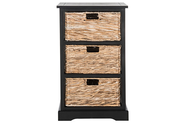 This storage shelf with a trio of woven rattan baskets makes getting organized a beautiful thing. Providing a catchall for everything from makeup and toiletries to toys and trinkets, it’s a natural fit for any space in your home, including the bathroom, bedroom, playroom or home office.Made of wood | Distressed black finish | 3 woven rattan storage baskets | No assembly required