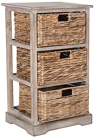 This storage shelf with a trio of woven rattan baskets makes getting organized a beautiful thing. Providing a catchall for everything from makeup and toiletries to toys and trinkets, it’s a natural fit for any space in your home, including the bathroom, bedroom, playroom or home office.Made of wood | Vintage white finish | 3 woven rattan storage baskets | No assembly required