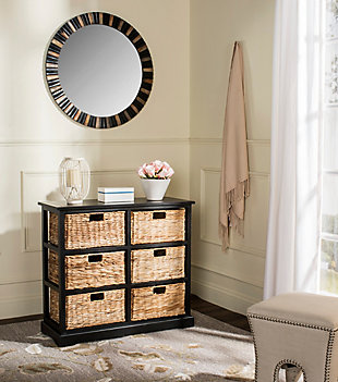 Getting a little short on storage space? Look no further than this perfectly charming—and practical—6-basket storage shelf. The ideal way to organize any room in the house, six spacious woven baskets tuck neatly into a distressed black pine cabinet. As versatile as it is attractive, use it in place of a dresser, sideboard or TV stand for that much more cool character.Made of pine | Distressed black finish | 6 open cubbies | 6 woven rattan storage baskets with cutout handles | No assembly required