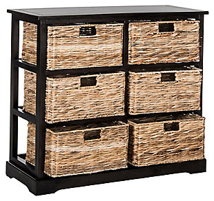 Getting a little short on storage space? Look no further than this perfectly charming—and practical—6-basket storage shelf. The ideal way to organize any room in the house, six spacious woven baskets tuck neatly into a distressed black pine cabinet. As versatile as it is attractive, use it in place of a dresser, sideboard or TV stand for that much more cool character.Made of pine | Distressed black finish | 6 open cubbies | 6 woven rattan storage baskets with cutout handles | No assembly required