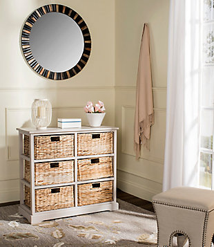 Getting a little short on storage space? Look no further than this perfectly charming—and practical—6-basket storage shelf. The ideal way to organize any room in the house, six spacious woven baskets tuck neatly into a rugged gray pine cabinet. As versatile as it is attractive, use it in place of a dresser, sideboard or TV stand for that much more cool character.Made of pine | Vintage gray finish | 6 open cubbies | 6 woven rattan storage baskets with cutout handles | No assembly required