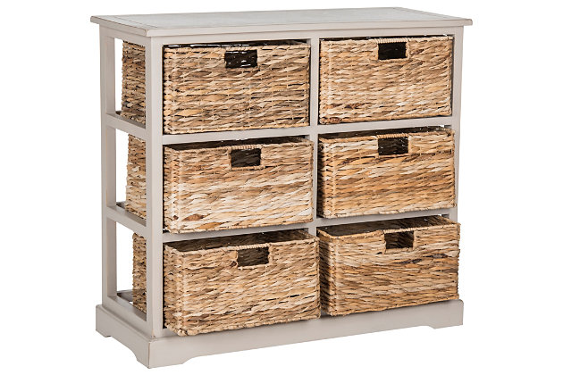 Getting a little short on storage space? Look no further than this perfectly charming—and practical—6-basket storage shelf. The ideal way to organize any room in the house, six spacious woven baskets tuck neatly into a rugged gray pine cabinet. As versatile as it is attractive, use it in place of a dresser, sideboard or TV stand for that much more cool character.Made of pine | Vintage gray finish | 6 open cubbies | 6 woven rattan storage baskets with cutout handles | No assembly required