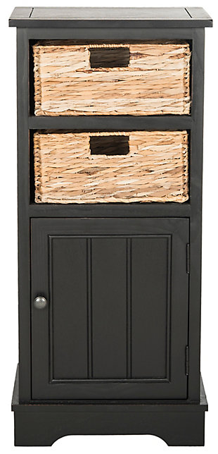 Add a touch of vintage charm to your decor with this stylish storage cabinet. Its distressed black finish and woven seagrass baskets are a charming addition to your modern farmhouse or country cottage aesthetic. When it’s time to clear the decks, a roomy lower cabinet provides ample stowaway space.Made of pine | Distressed black finish | 2 open cubbies with removable woven rattan storage baskets | Cabinet storage | No assembly required