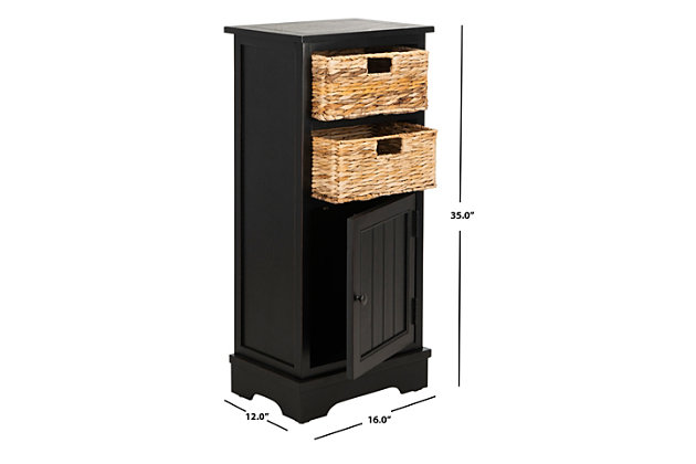 Add a touch of vintage charm to your decor with this stylish storage cabinet. Its distressed black finish and woven seagrass baskets are a charming addition to your modern farmhouse or country cottage aesthetic. When it’s time to clear the decks, a roomy lower cabinet provides ample stowaway space.Made of pine | Distressed black finish | 2 open cubbies with removable woven rattan storage baskets | Cabinet storage | No assembly required