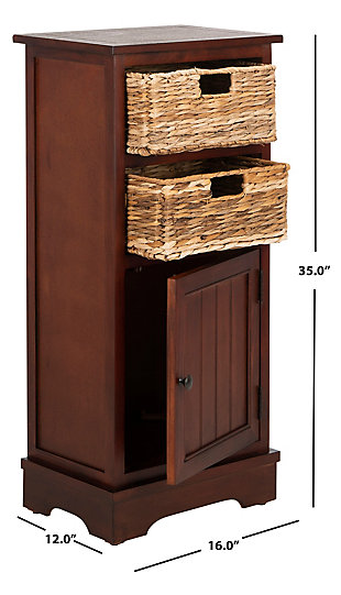 Add a touch of vintage charm to your decor with this stylish storage cabinet. Its rustic red finish and woven seagrass baskets are a charming addition to your modern farmhouse or country cottage aesthetic. When it’s time to clear the decks, a roomy lower cabinet provides ample stowaway space.Made of pine | Red finish | 2 open cubbies with removable woven rattan storage baskets | Cabinet storage | No assembly required